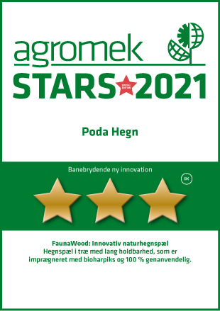 Agromek Stars 2021-Auszeichnung für Poda Hegn für FaunaWood, einen innovativen Naturzaunpfahl, imprägniert mit Bioharz und 100 % recycelbar.