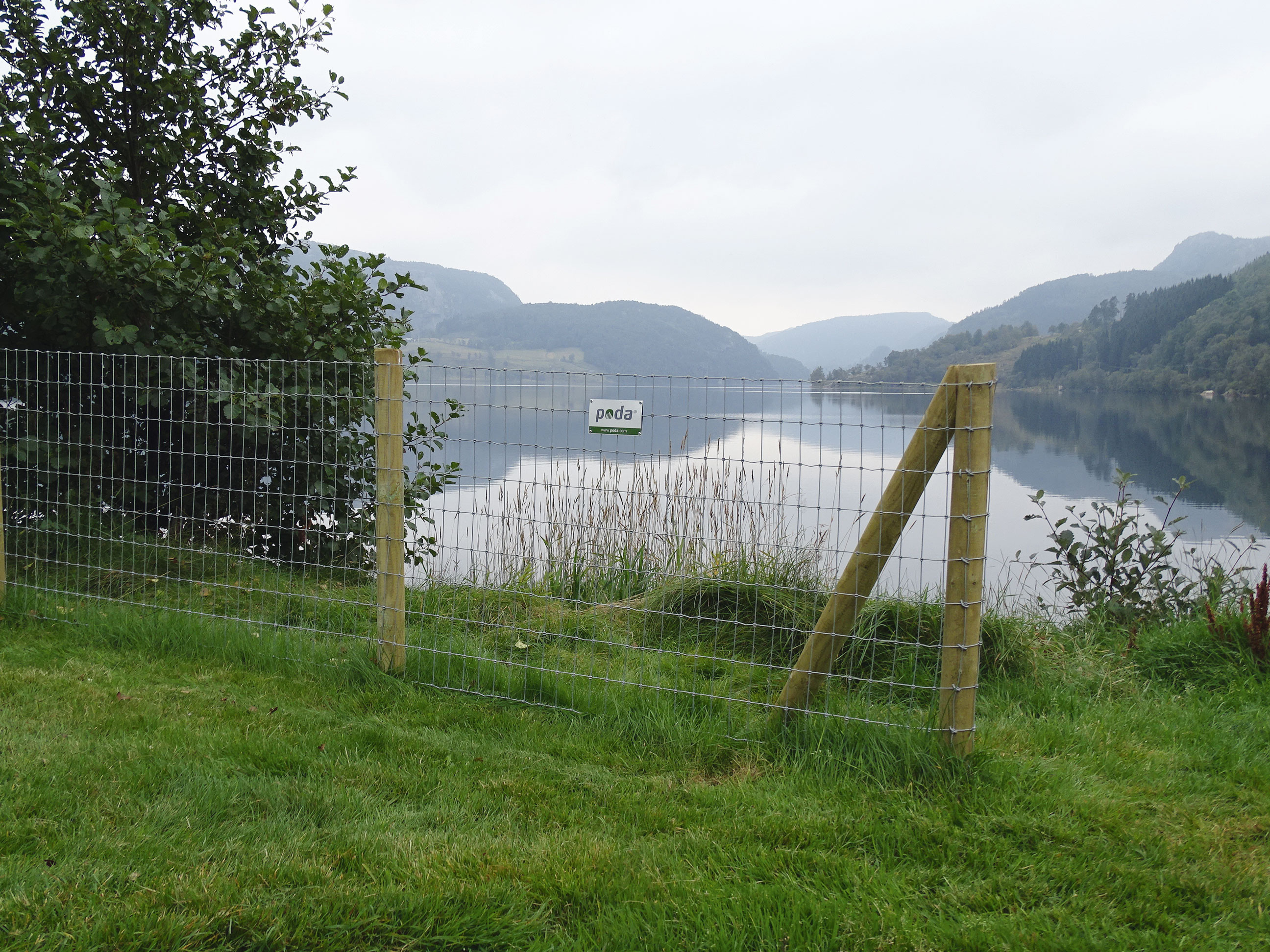 Im Vordergrund ist ein Endmast auf einem Multinet zu sehen. Im Hintergrund befindet sich ein See.