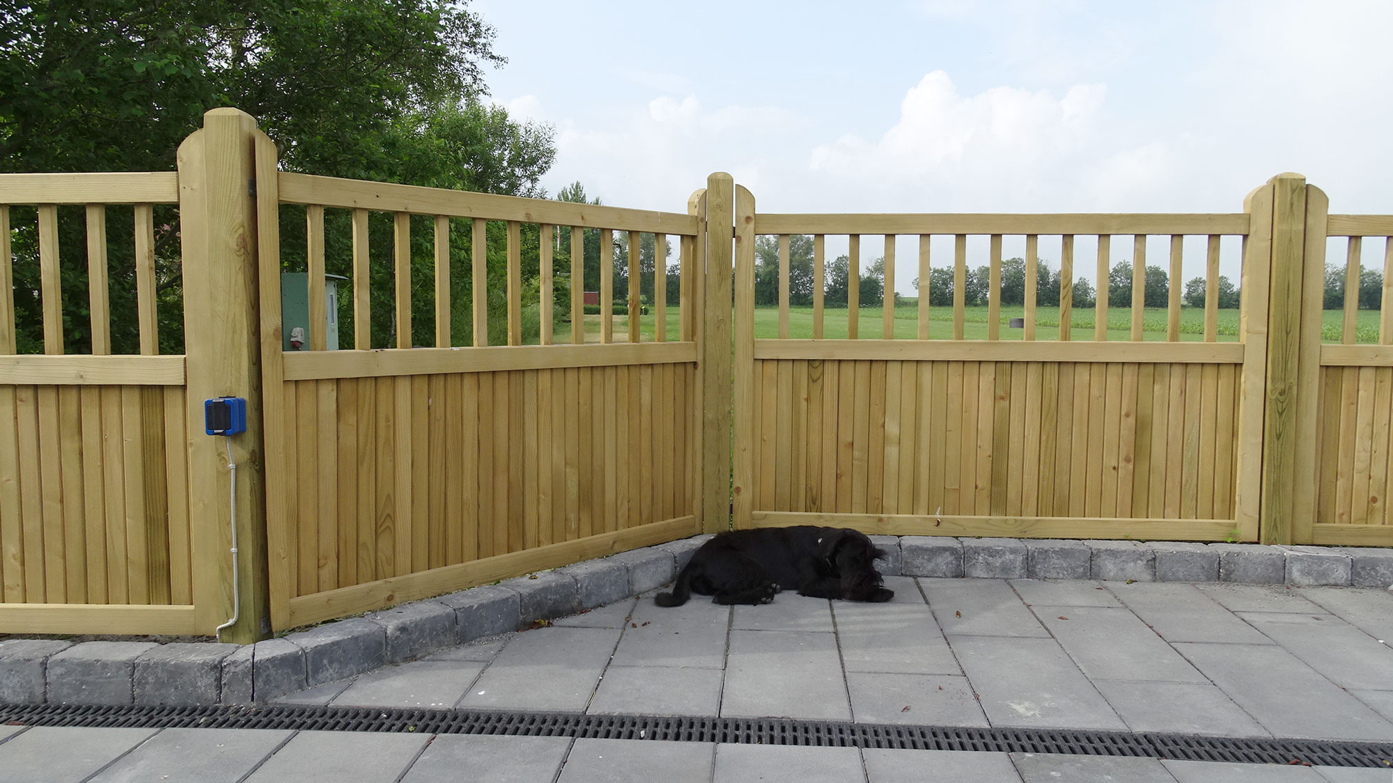 Ein Hund macht ein Nickerchen vor einem „Country Garden“-Zaun