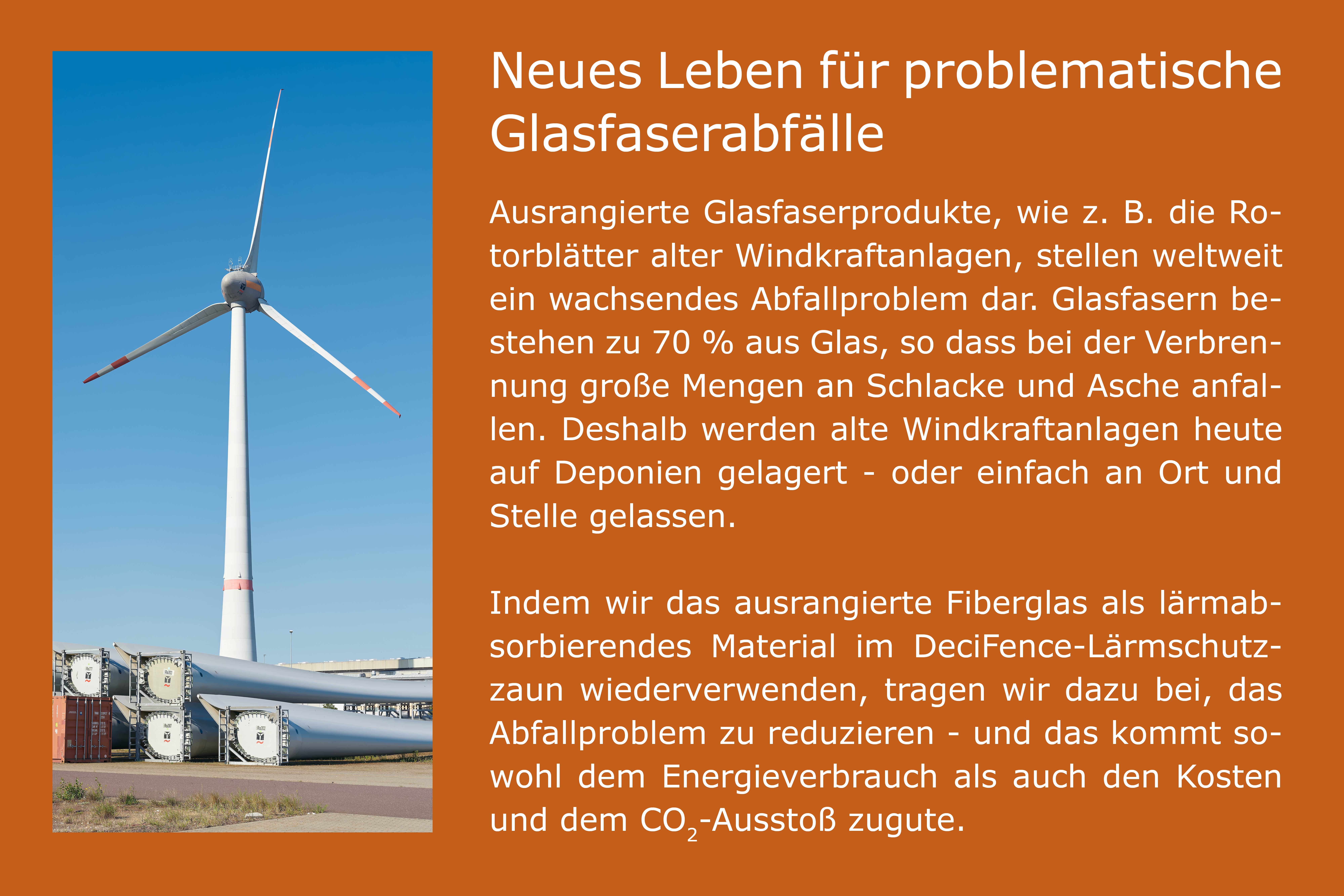 Faktenbox zur Wiederverwertung von Glasfaser aus alten Windradflügeln in DeciFence-Lärmschutzwänden.