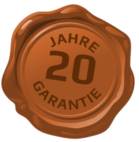 Braunes Wachssiegel mit der Aufschrift '20 Jahre Garantie'.