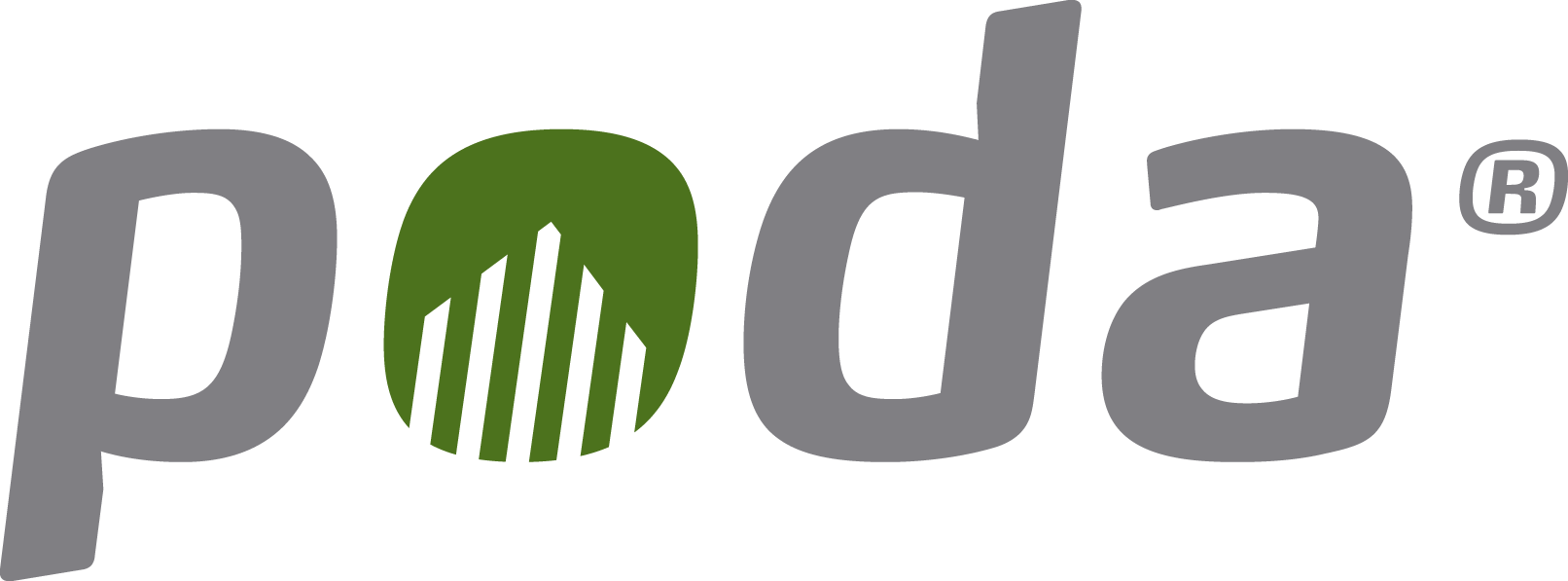 Poda-Logo mit grauen Buchstaben und einem grünen Element im 'o', das wie ein Zaun aussieht.