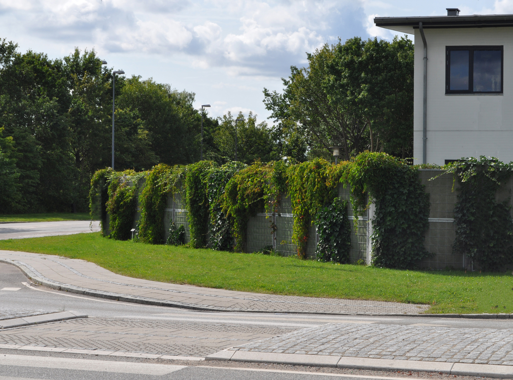 Ein wunderschön bepflanzter Noistop® Steel-Lärmschutzzaun von Poda Zaun, der ein Haus vor dem Verkehrslärm einer großen öffentlichen Straße schützt