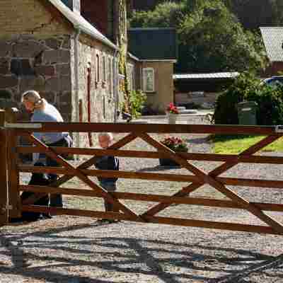 Ein Hund, eine Frau und ein Junge stehen hinter einem „ Country House “ Tor
