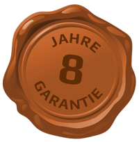 Braunes Wachssiegel mit der Aufschrift '8 Jahre Garantie'.