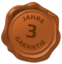 Braunes Wachssiegel mit der Aufschrift '3 Jahre Garantie'.