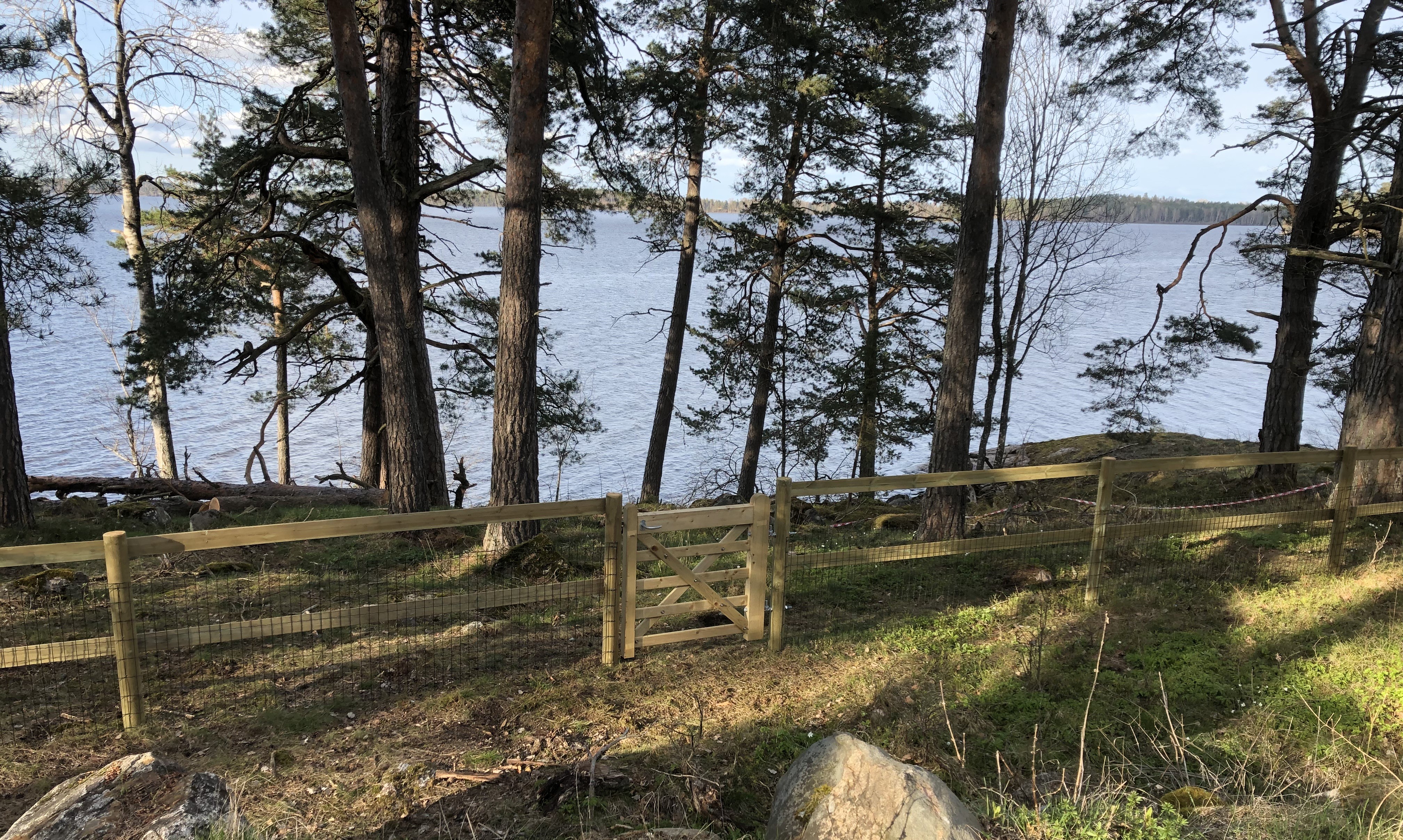 Ein aus Holzlatten und Maschendraht bestehender Zaun schützt einen Küstenstreifen. Der Zaun ist mit einem Holztor abgeschlossen