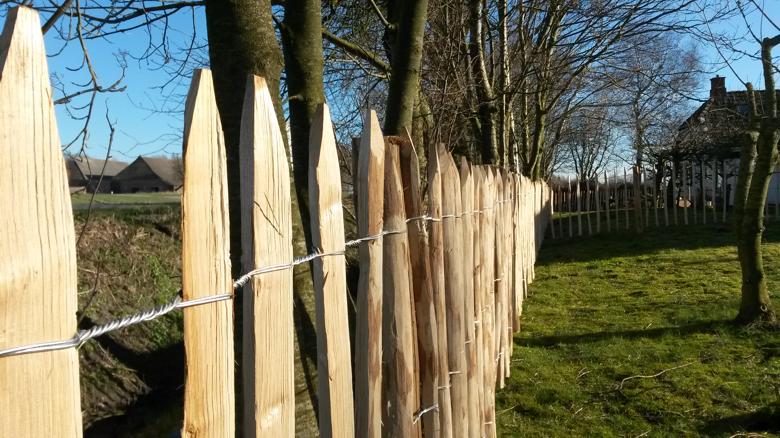 Eine Nahaufnahme eines Poda-Kastanienzauns in einem Garten.