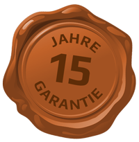 Braunes Wachssiegel mit der Aufschrift '15 Jahre Garantie'.