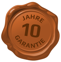 Braunes Wachssiegel mit der Aufschrift '10 Jahre Garantie'.