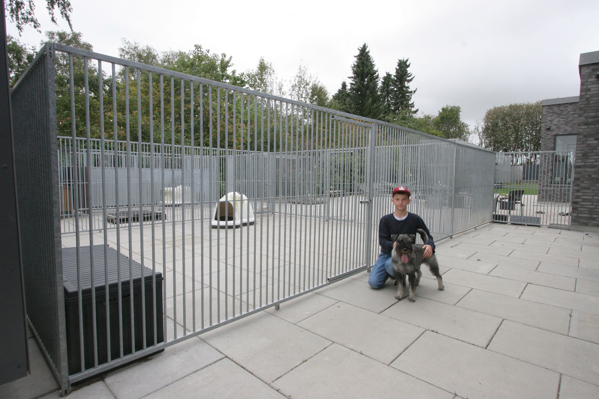 Ein Junge kniet vor einem Hundezwinger mit seinem Hund.